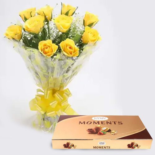 Bright Bouquet of Yellow Roses with Ferrero Rocher Moment Chocolate Box