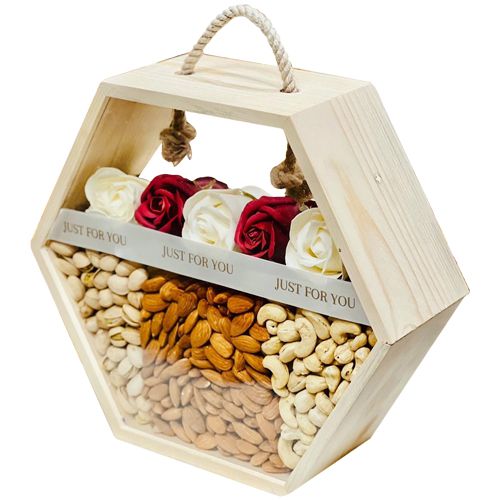 Awesome Hexagonal Basket of Dry Fruits with Red Roses