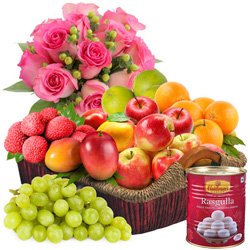 Combo of Fruits Basket with Roses N Haldirams Rasgulla