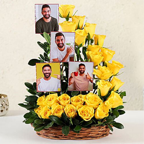 Captivating Arrangement of Yellow Roses with Personalized Pics in a Basket