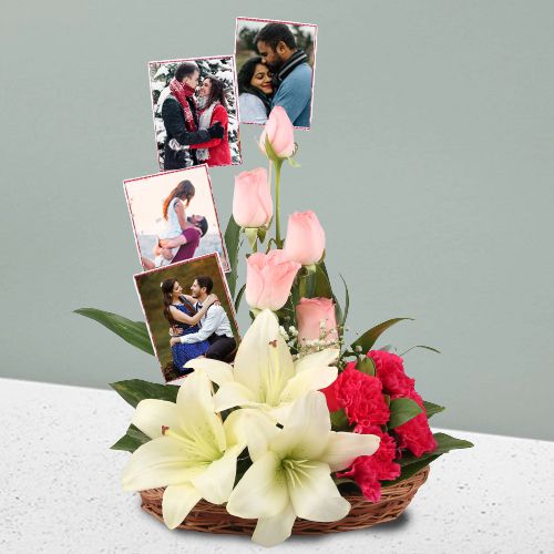 Spectacular Love Basket of Mixed Flowers with Personalized Pics