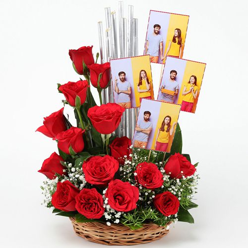 Lovers Delight Roses n Personalized Pics in Basket