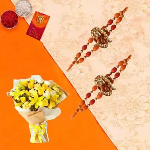 Mellowing Bouquet of Flourishing Flowers with Free 2 Rakhis and Roli Tilak Chawal