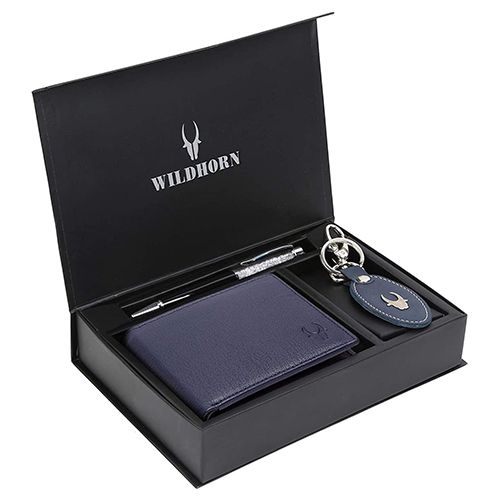 Eye-Catching WildHorn Black Leather Mens Wallet with Keychain N Pen