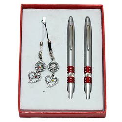 Exquisite Twin Pen with Key Ring N Mobile Ring Gift Set