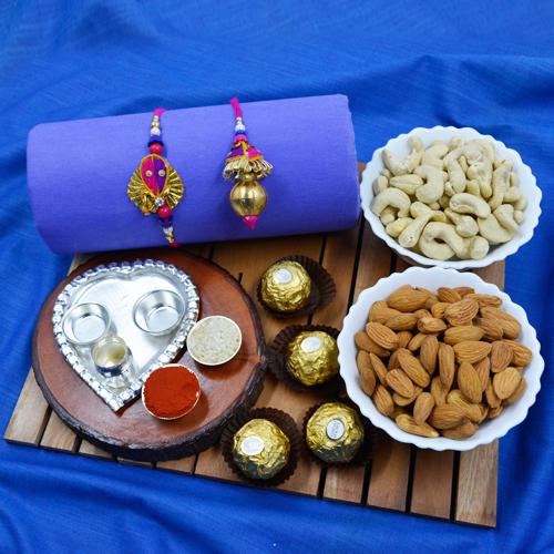 Classy Bhaiya Bhabhi Rakhi with Pooja Thali Dry Fruits n Ferrero Rocher