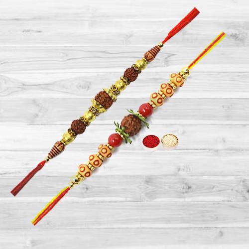 Fashionable One Pair of Rudraksha Rakhi along with free Roli Tika and Chawal for Cute Brother