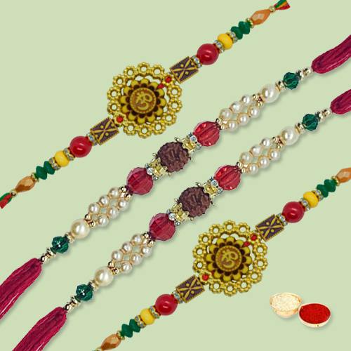 Marvelous Rakhi Special Four Pieces Rakhi Thread Set with free Roli Tilak and Chawal for your Dear Brother