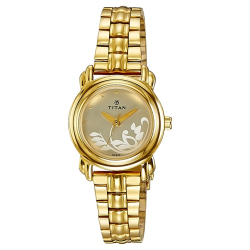 Charming Champagne Dial Golden Strap Womens Watch from Titan