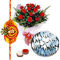 Delicious Kaju Katli and Roses Gift Set with Free Rakhi Roli Tilak and Chawal for the Occasion of Raksha Bandhan<br>